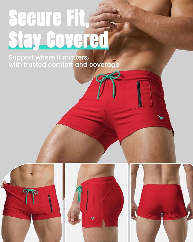 Men’s Swim Brief Square Leg with Pocket-Red (Choose Size)