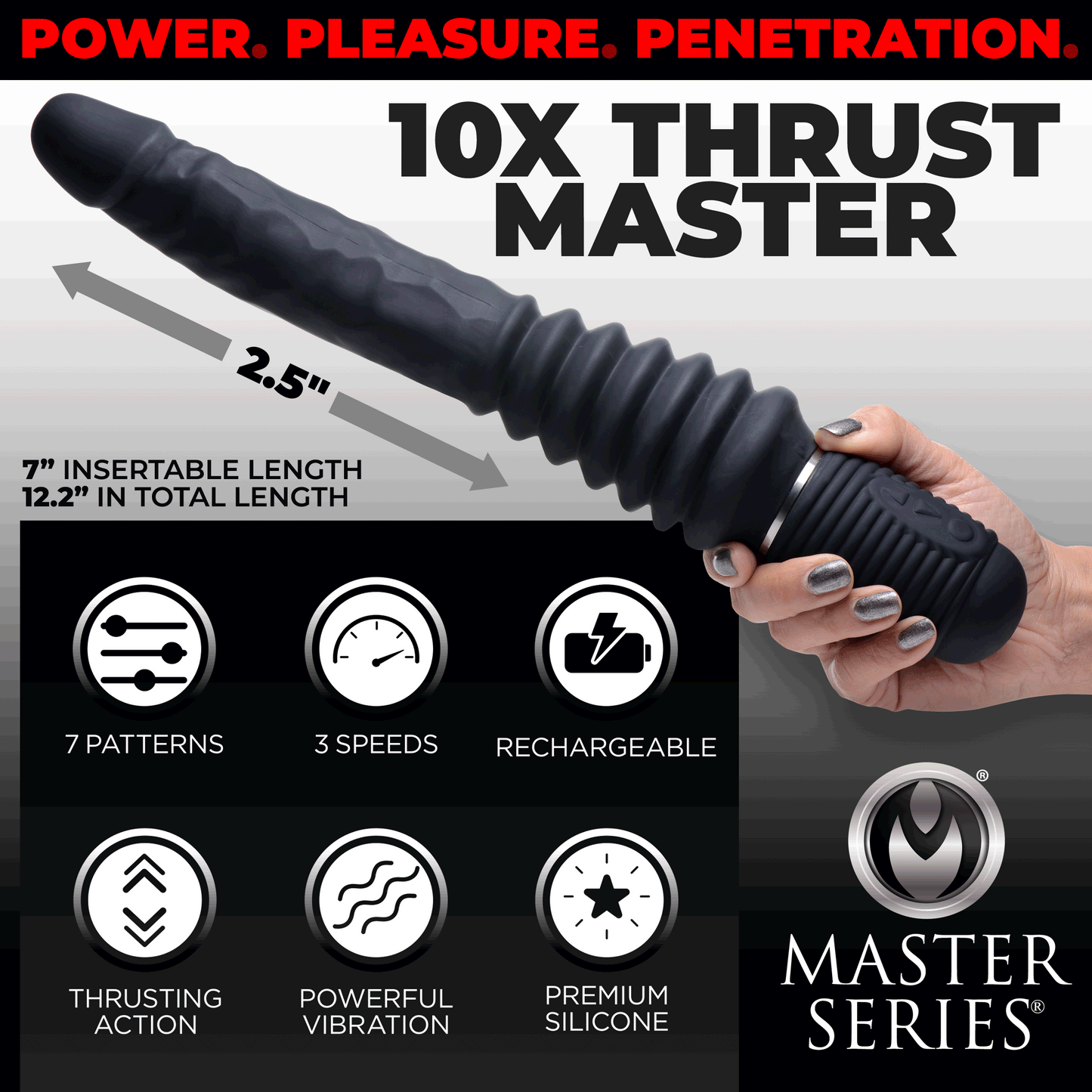 Master Series 10X Thrust Master Vibrating and Thrusting Dildo