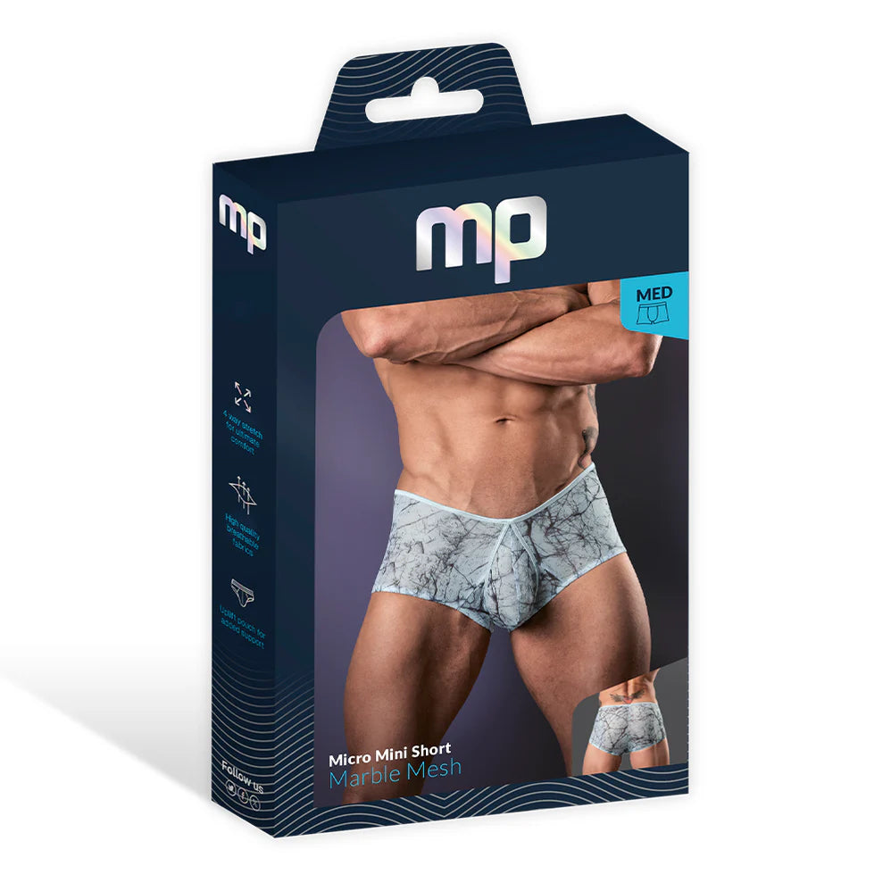 Male Power Marble Mesh Micro Mini Short Silver Blue (Choose Size)