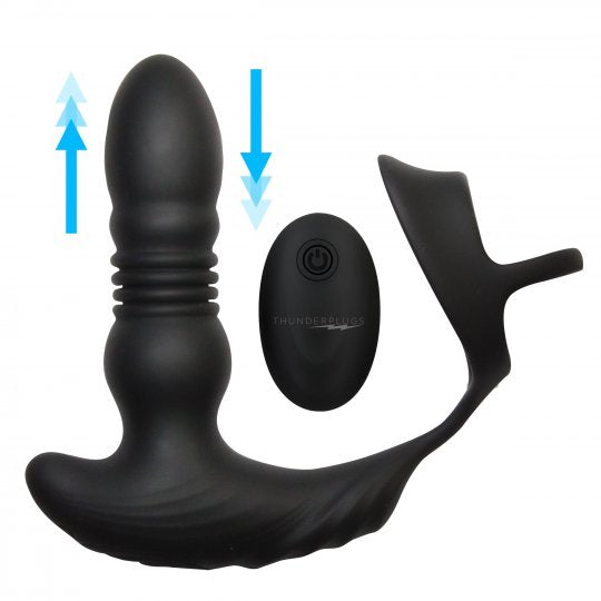 Thunder Plugs Rechareable 10X Thrusting Silicone Vibrator with Cock & Ball Strap