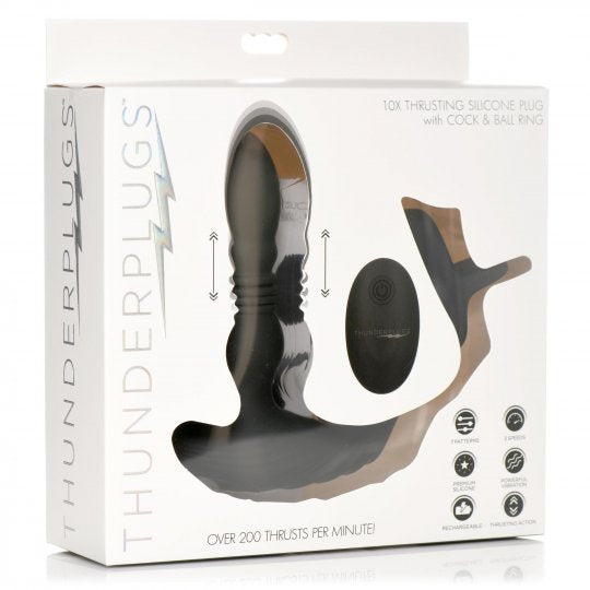 Thunder Plugs Rechareable 10X Thrusting Silicone Vibrator with Cock & Ball Strap