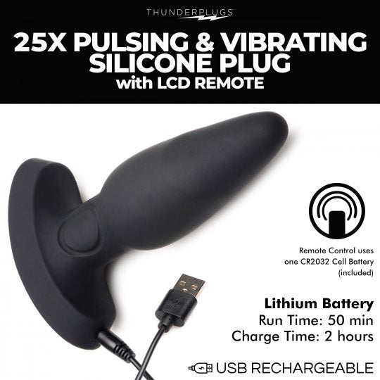 Thunder Plugs 25X Pulsing and Vibrating Rechargeable Silicone Plug with LCD Remote