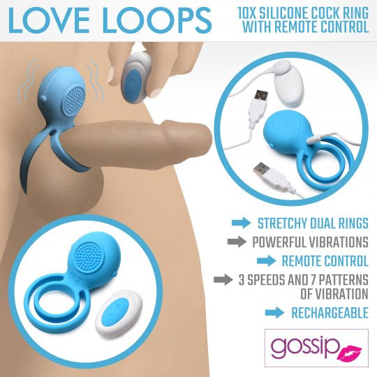 Gossip Love Loops 10X Silicone Cock Ring with Remote- Blue