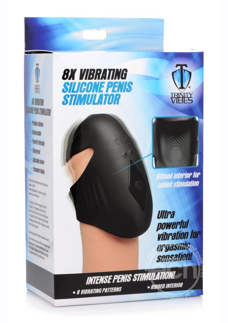 Trinity Men 8X Vibrating Silicone Rechargeable Penis Sleeve-Black