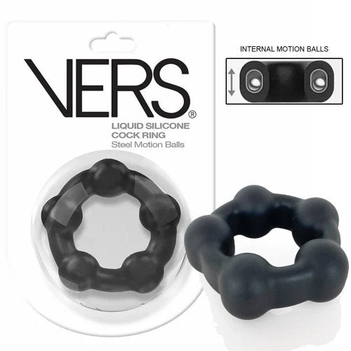 Vers Liquid Silicone Cock Ring Steel Motion Balls- Black