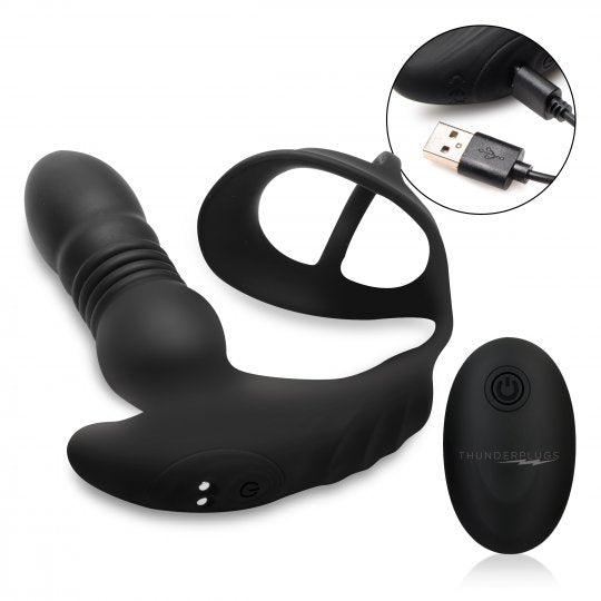 Thunder Plugs Rechareable 10X Thrusting Silicone Vibrator with Cock & Ball Strap