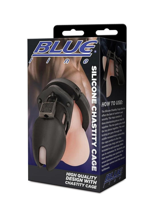 Blue Line Silicone Chastity Cage- Black